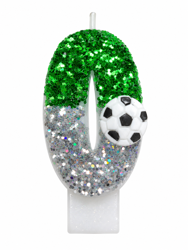 Green Glitter Soccer Number 0 Birthday Candle with Soccer Ball