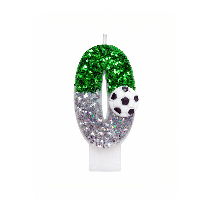 Green Glitter Soccer Number 0 Birthday Candle with Soccer Ball