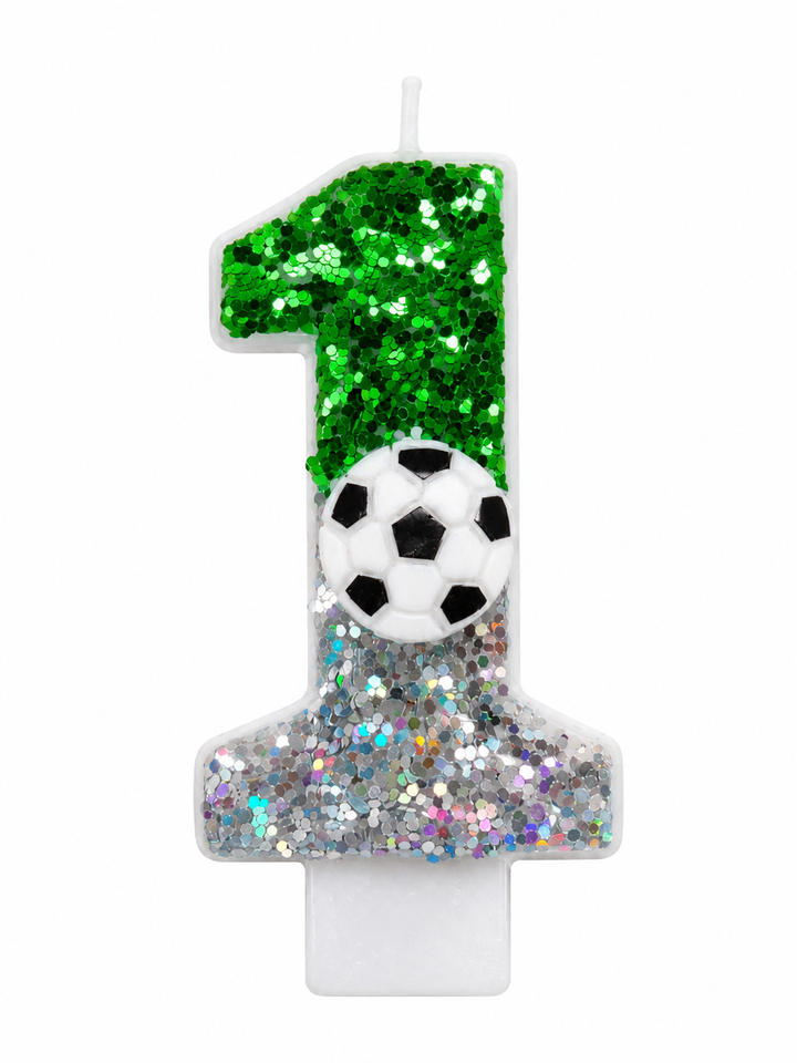 Green Glitter Soccer Number 1 Birthday Candle with Soccer Ball