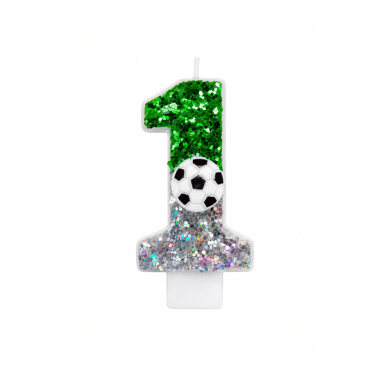 Green Glitter Soccer Number 1 Birthday Candle with Soccer Ball