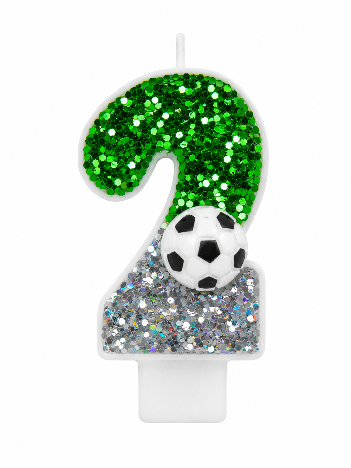 Green Glitter Soccer Number 2 Birthday Candle with Soccer Ball