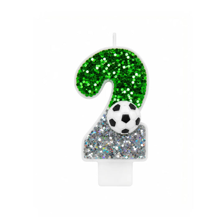 Green Glitter Soccer Number 2 Birthday Candle with Soccer Ball