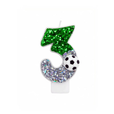Green Glitter Soccer Number 3 Birthday Candle with Soccer Ball