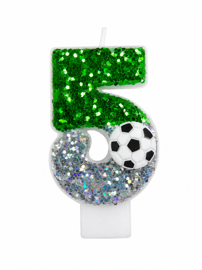 Green Glitter Soccer Number 5 Birthday Candle with Soccer Ball