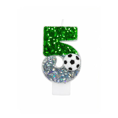 Green Glitter Soccer Number 5 Birthday Candle with Soccer Ball