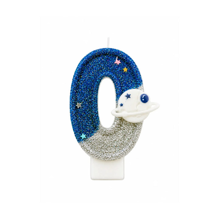 Space planet number 0 birthday candle with blue glitter and silver planet detail