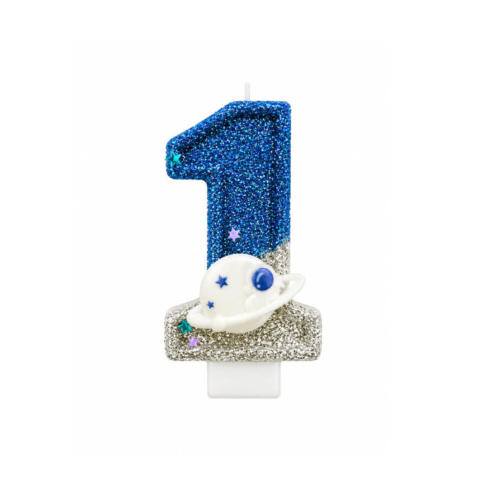 Space planet number 1 birthday candle with blue glitter and silver planet detail