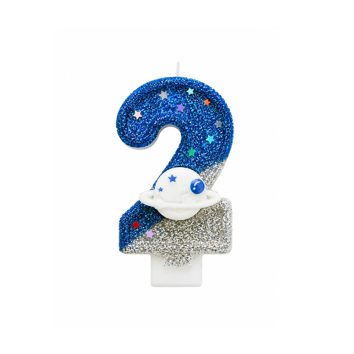 Space planet number 2 birthday candle with blue glitter and silver planet detail