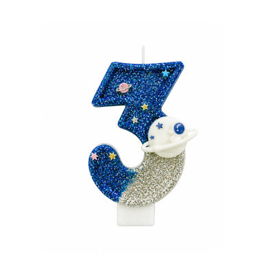 Space planet number 3 birthday candle with blue glitter and silver planet detail