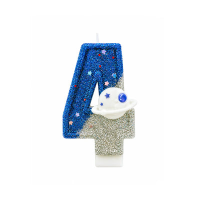 Space planet number 4 birthday candle with blue glitter and silver planet detail