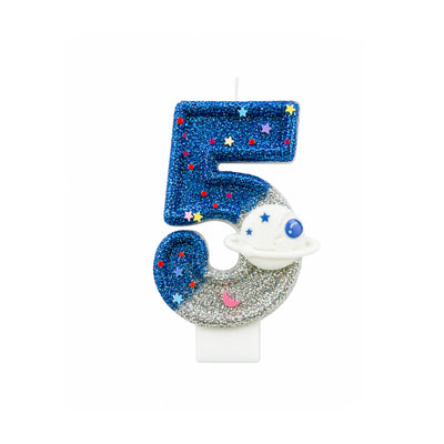 Space planet number 5 birthday candle with blue glitter and silver planet detail