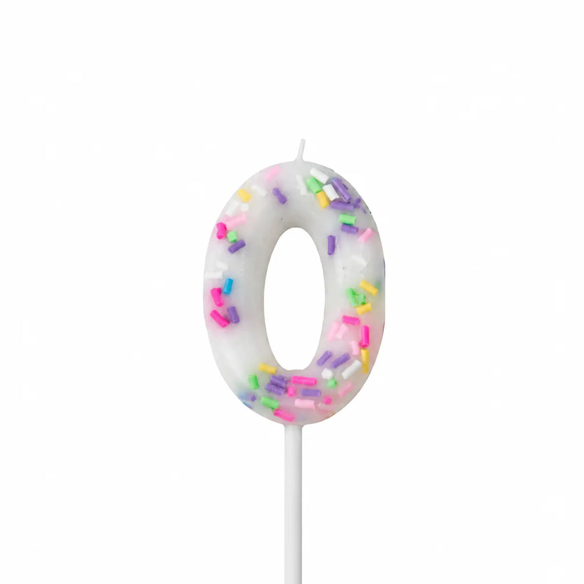 White number 0 birthday candle with colorful sprinkles