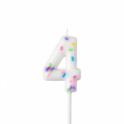 White number 4 birthday candle with colorful sprinkles