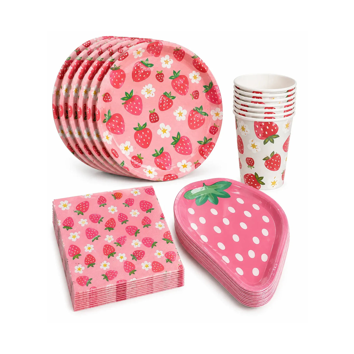 Strawberry Party Tableware Set for 8 with Pink Plates, Strawberry-Shaped Dessert Plates, Cups, and Napkins
