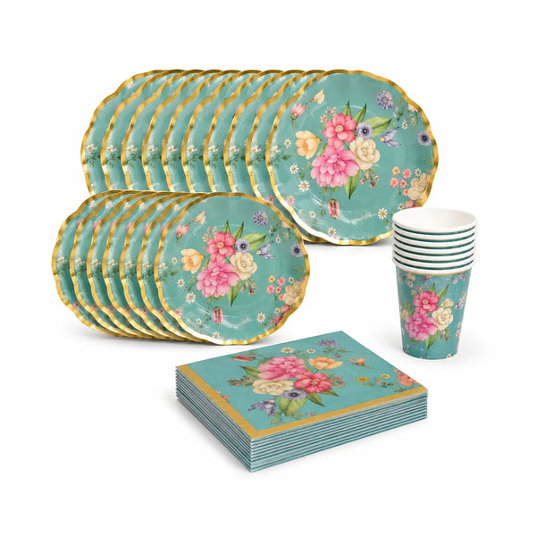 Teal Floral Paper Plates Party Set for 8 – Large Plates, Small Plates, 8oz Cups and Floral Napkins