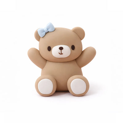 Blue bow teddy bear arms-up cake topper, 2.76-inch – baby shower cake decor