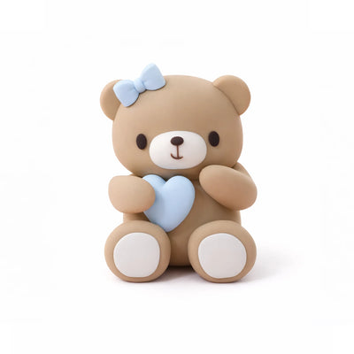 Teddy bear holding heart cake topper in blue theme – cute baby shower cake decoration