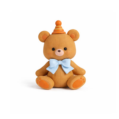 Teddy bear cake topper with orange party hat and blue bow tie