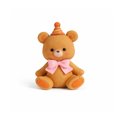 Teddy bear cake topper with orange party hat and pink bow tie