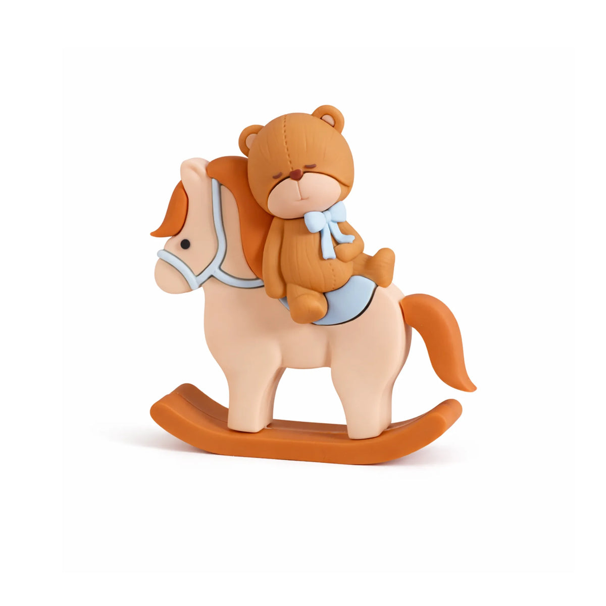 Sleeping teddy bear on rocking horse cake topper with blue saddle