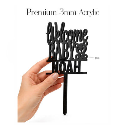 Custom Welcome Baby Cake Topper in Black, 3mm Premium Acrylic with Teddy Bear