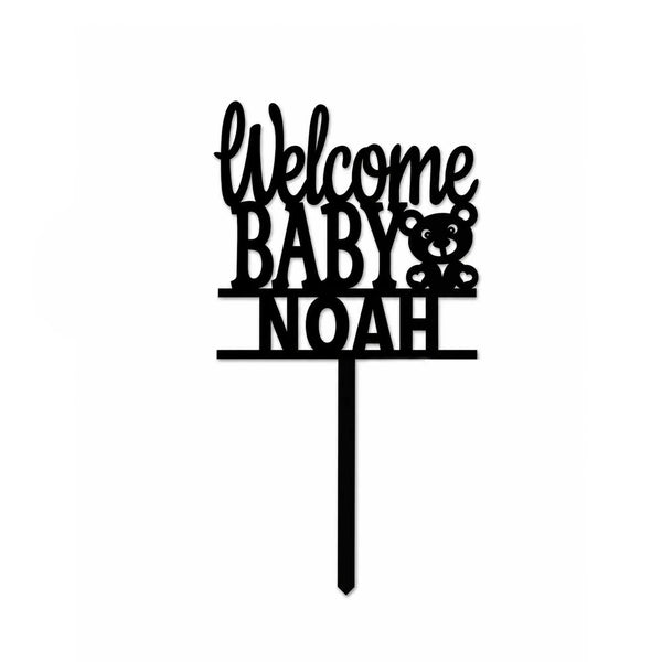 Custom Welcome Baby Cake Topper with Teddy Bear, Black Acrylic Front View