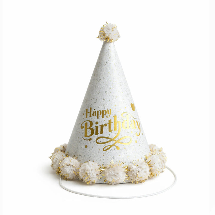 White Happy Birthday Party Hat with Gold Foil Design and White Gold Pom Pom Trim