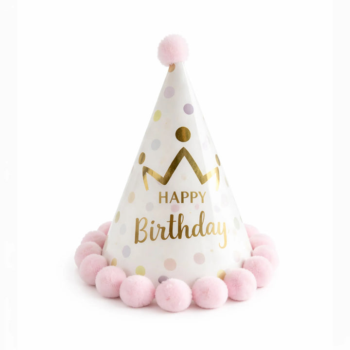 White and Gold Happy Birthday Princess Party Hat with Pink Pom Pom Trim