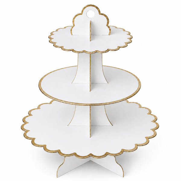 White and Gold Trim 3 Tier Cupcake Stand for Weddings, Showers, and Party Desserts
