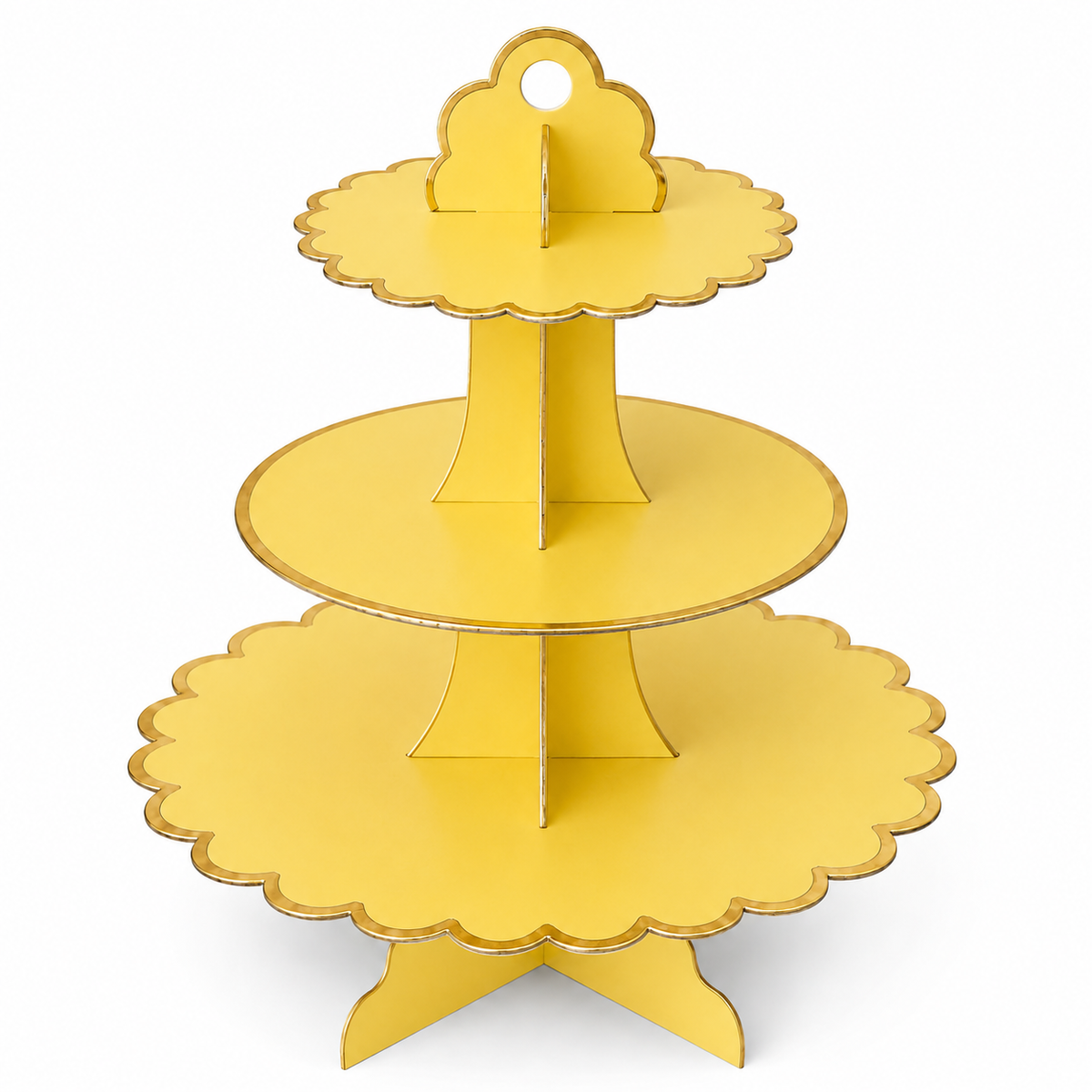 Yellow and Gold Trim 3 Tier Cupcake Stand with Scalloped Edges for Birthday Desserts