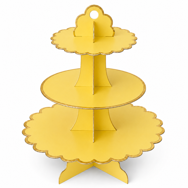 Yellow and Gold Trim 3 Tier Cupcake Stand with Scalloped Edges for Birthday Desserts