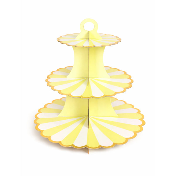 Yellow Striped 3 Tier Cupcake Stand with Gold Trim for Birthday Cupcakes and Treats