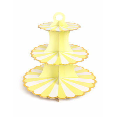 Yellow Striped 3 Tier Cupcake Stand with Gold Trim for Birthday Cupcakes and Treats