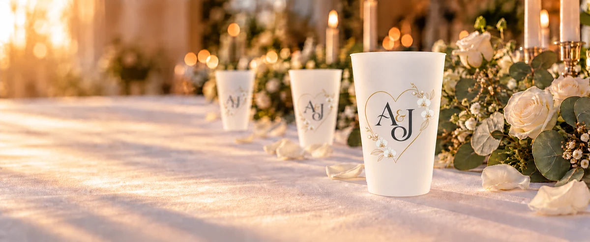 Personalized cups on a floral wedding table